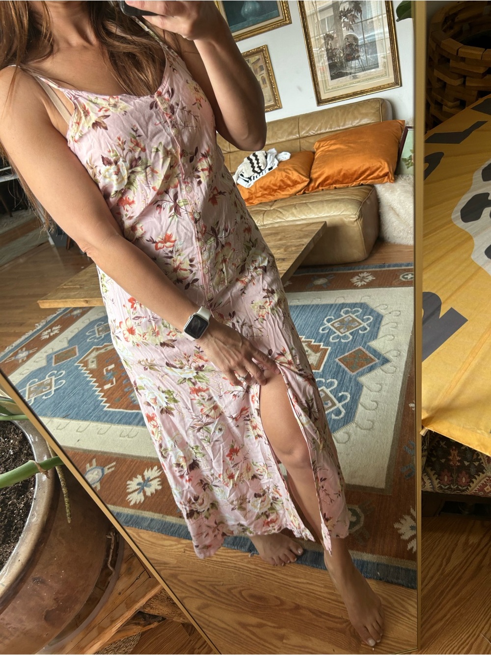 Legacy vintage rayon floral dress buttons up and has a cute leg slit M VTG Y2K